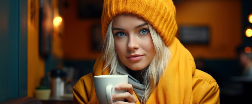Happy Woman Winter Drinking Coffee Beside , Background Image For Website, Background Images , Desktop Wallpaper Hd Images