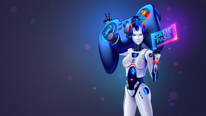 Beautiful cyborg woman holds on her shoulder huge gamepad, game pass for computer video games, digital entertainment. Female robot with large controller for gaming consoles on gamers poster or banner.