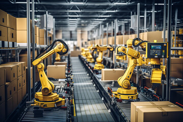 A vast warehouse vibrates with activity as robotic arms streamline the sorting and packaging of goods, destined for global distribution, 
exemplifying modern logistics. - obrazy, fototapety, plakaty