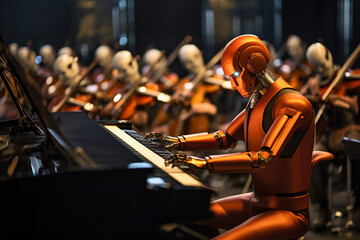 A stage illuminated by robotic musicians, each instrument played with precision, weaving a symphony that resonates the harmony of technology and melodious art. - obrazy, fototapety, plakaty