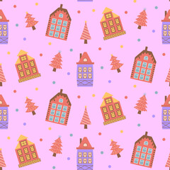 Scandinavian houses and pink Christmas trees seamless pattern. Perfect for cards, invitations, wallpaper, banners, kindergarten, baby shower, children room decoration.