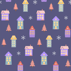 Scandinavian houses, pink Christmas trees and snowflakes seamless pattern. Perfect for cards, invitations, wallpaper, banners, kindergarten, baby shower, children room decoration.