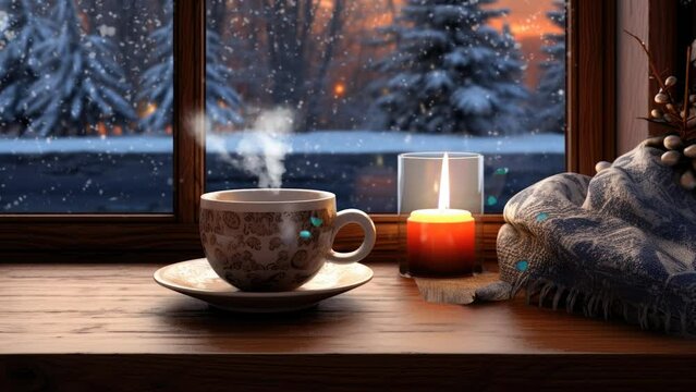 coffee at night with snowfall background. seamless looping time-lapse virtual 4k video animation background.	