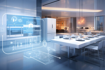 modern kitchen featuring augmented reality smart home tech, showcasing an intuitive system for visualizing and managing kitchen components