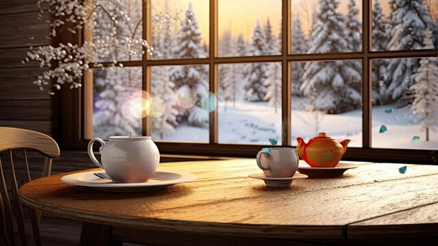 coffe at night with snowfall background. seamless looping time-lapse virtual 4k video animation background.	
