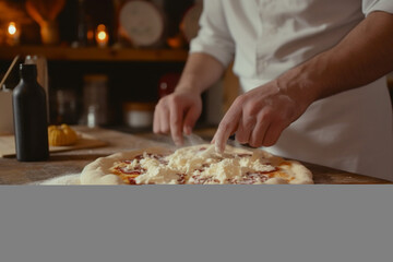 Obraz na płótnie Canvas Man’s Hands Putting Mozzarella Cheese On A Pizza