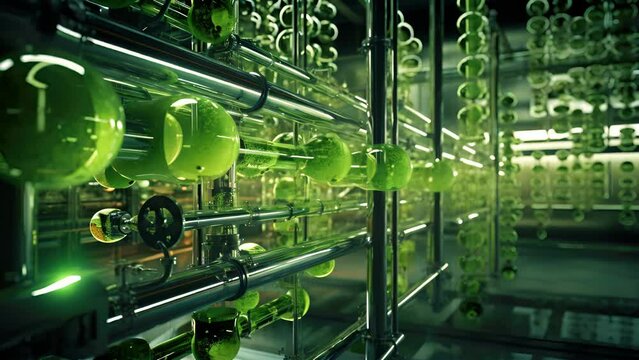 This closeup captures the intricate network of pipes and tubes distributing the algae cultures throughout the plant. The pipelines are colorcoded to differentiate the different stages of