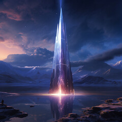 a shimmering otherworldly tower that stretches far beyond the clouds