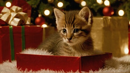 Holidays and pets. Cat in a Xmas interior at home. Cozy moody winter evening. Kitten in a giftbox.