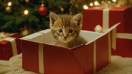 Holidays and pets. Cat in a Xmas interior at home. Cozy moody winter evening. Kitten in a giftbox.