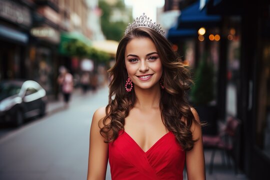 A beautiful dark-haired girl in a precious diamond crown with dark hair in a red summer dress walks along the streets of the city. Fashionable romantic image of a beauty queen.
