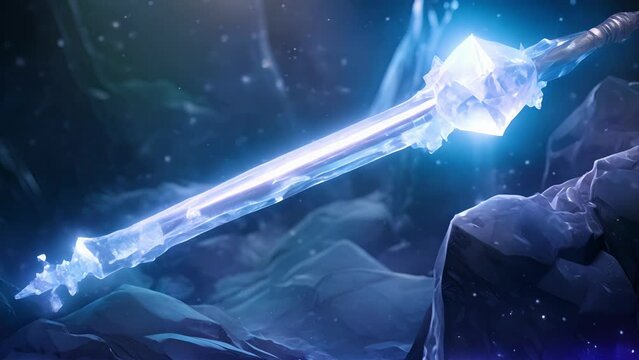 A crystal staff crafted from solid ice the crystal glows with a powerful magical energy. When tapped upon the ground a blast of icy cold erupts from the tip coating the battlefield