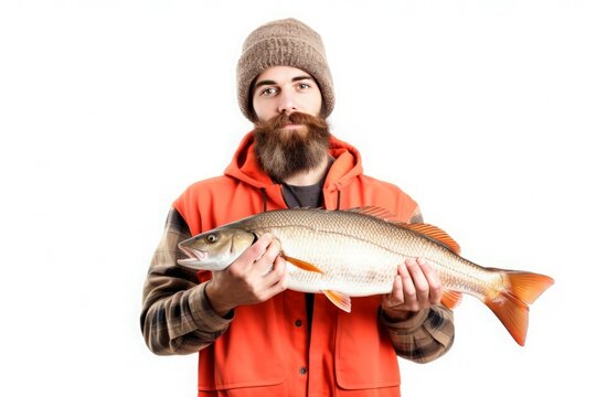 Fisherman caught fish photo portrait. Adult fisher happy water food. Generate Ai