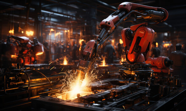 un robot industriel sur une cha&icirc;ne de montage, en train de souder