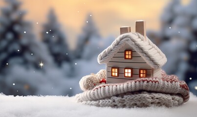 Small Figure of house with knitted scarf against blurred bokeh lights, symbol for heating system or cold snowy winter. Heating season, warm up, home heating, money and energy saving concept - obrazy, fototapety, plakaty