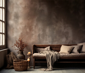 Diseño interior de sala de estar con espacio de copia. Pared vacía. Decoración interior minimalista en tonos cálidos, estilo otoño e invierno. Sofá y muebles de madera.