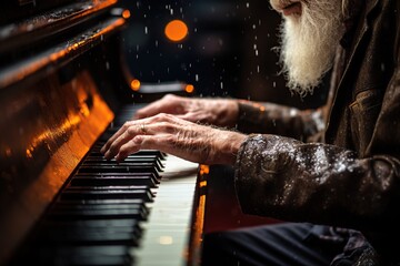 Música triste de piano.
Anciano tocando una canción de piano en un lugar oscuro. - obrazy, fototapety, plakaty