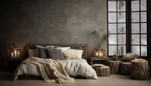 Dise&ntilde;o interior de dormitorio con espacio de copia. Pared vac&iacute;a. Decoraci&oacute;n interior minimalista en tonos c&aacute;lidos, estilo oto&ntilde;o e invierno. Cama y muebles de madera.