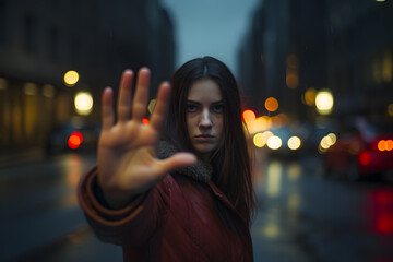 Woman with hand raised in rejection gesture in street at night
