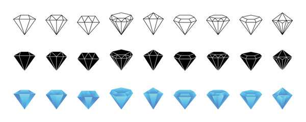 Diamond logo. Precious gemstone icon. Black outline silhouette shape. Pictogram of treasure crystal. Brilliant gem carat. Expensive jewelry. Purity of faceted jewel stone. Vector garish symbols set