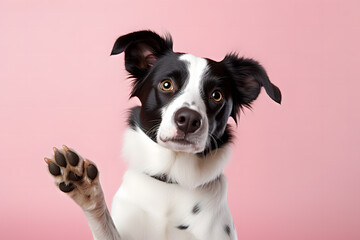 Border Collie dog waving raised paw in front of pink studio background - obrazy, fototapety, plakaty