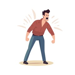 An illustration of an agitated person. Angry man. Fury, emotions. Flat illustration of anger, isolated. A man with fists. Wrath. Very irritated guy. Ire
