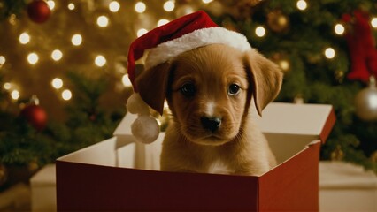 Puppy in a gift box for Christmas, Cute pet in a box, Christmas Background