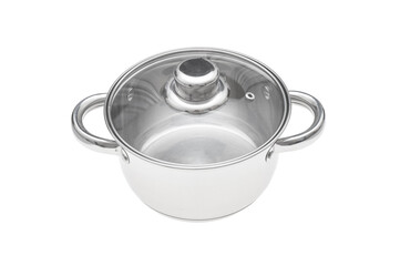 Stainless saucepan with glass lid closeup isolated on white background