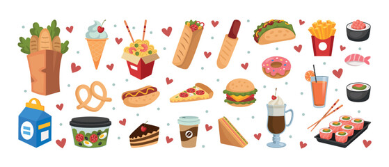 Takeaway food. Lunch container. Meal package. Sandwich and salad. Cafe delivery box. Hot dog. Coffee cup. Grocery shop bag. Sushi and sashimi. Isolated fastfood snacks set. Vector tidy illustration