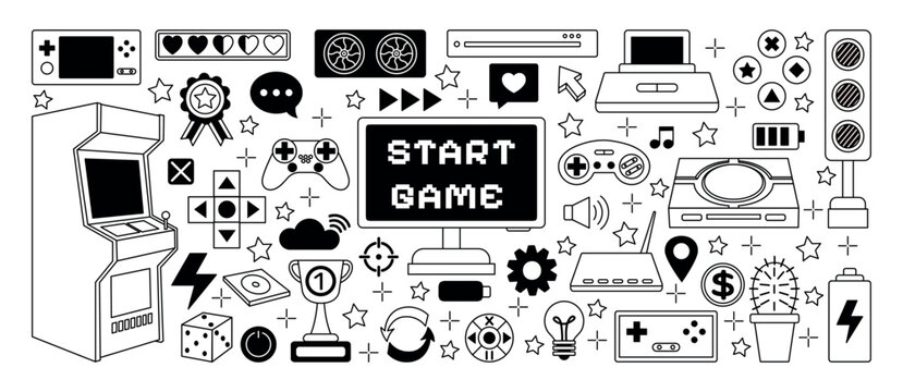 Video game icons. Outline doodle control joystick. Retro white gamer laptop. Black gamepad console and computer. Arcade machine. Computer playing. Gaming elements set. Vector flat tidy illustration