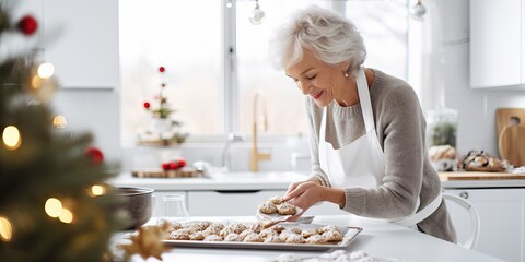 Happy Granddaughter cooking for children, family, making Christmas homemade cookies in festive decorated kitchen - obrazy, fototapety, plakaty