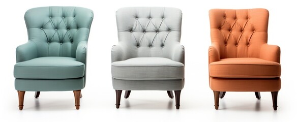 Set of Classic three armchair and three color art deco style in turquoise velvet with wood legs isolated on white background	