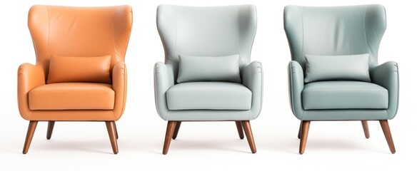 Set of Classic three armchair and three color art deco style in turquoise velvet with wood legs isolated on white background	