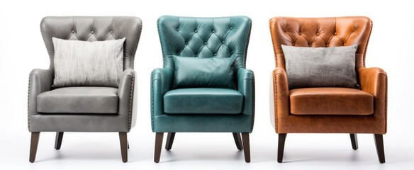Set of Classic three armchair and three color art deco style in turquoise velvet with wood legs isolated on white background	 - obrazy, fototapety, plakaty