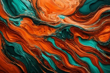 Fiery orange and tranquil turquoise liquids colliding to craft an abstract masterpiece that's truly mesmerizing.