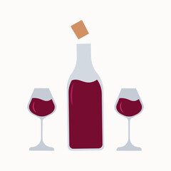 Bottle of red wine with glasses. Grape product, vector illustration isolated on white background.