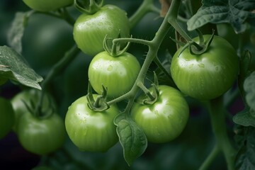 Green bunch tomatoes. Leaf nature harvest tomato bushes. Generate Ai