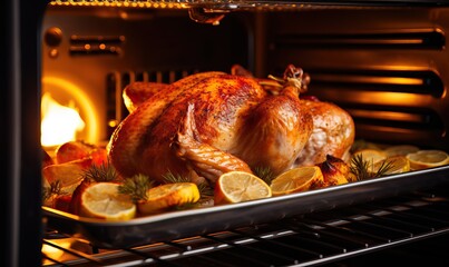 Christmas or Thanksgiving festive roast turkey, goose stuffed with baked vegetables cooking in an oven background, sharing a meal, homemade family dish, grilled poultry, lunch, food