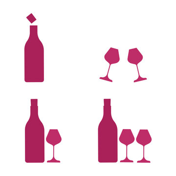 Set of silhouettes and icons of wine bottles and glasses in pink color. Vector illustration