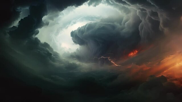 The sky roils with dark and light clouds as a swirling cyclone spins with immense force its magical power pulsing with the lens of otherworldly energy.