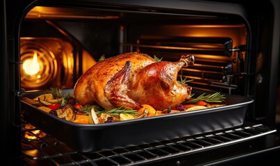 Fototapeta premium Christmas or Thanksgiving festive roast turkey, goose stuffed with baked vegetables cooking in an oven background, sharing a meal, homemade family dish, grilled poultry, lunch, food