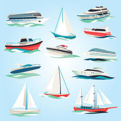 marine boats cruise sea travel yacht motor vessels flat icons set with jet cutter abstract isolated vector illustration