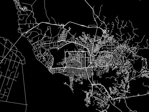 Vector road map of the city of Barrancabermeja in Colombia with white roads on a black background.