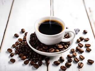  White cup of hot coffee and coffee beans on white table 