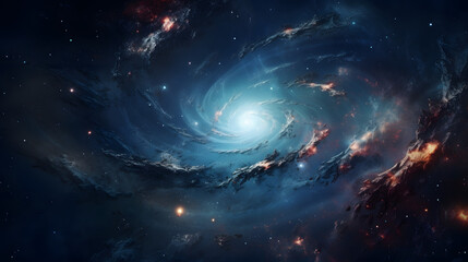 A view from space to a spiral galaxy and stars. Universe filled with stars, nebula and galaxy....