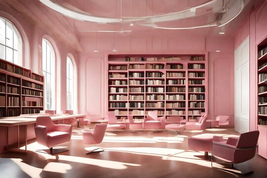 A Glimpse Of Modern Pink And White Library Furniture Bathed In HD Camera's Warm, Soft Light.