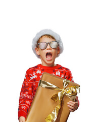 Fototapeta premium Christmas boy with the gift against a isolated on free PNG background. Cry of happiness. Christmas joy concept.