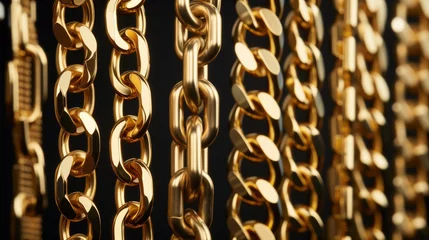 Foto op Plexiglas Golden chain. Gold chain isolated on black background. Various designs of gold chain.  © Vladimir