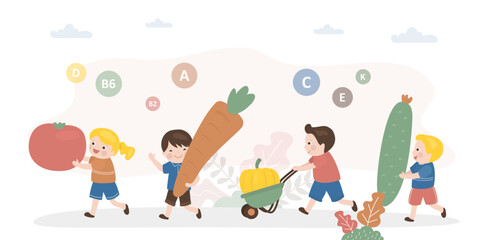 Group of happy children carrying vegetables for eating. Multiethnic kids characters holds different healthy food. Vegetarian nutrition with large amounts vitamins. Good crop.