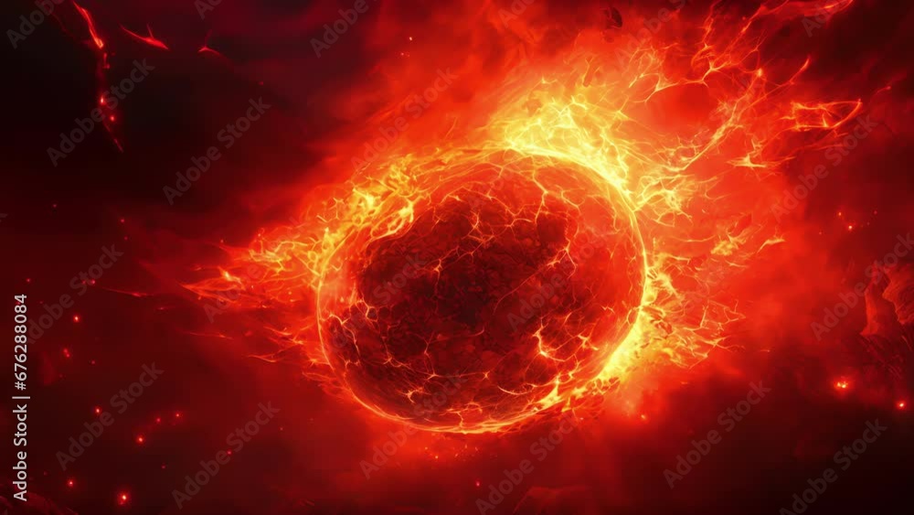 Poster red molten magma explodes outwards in all directions like a volcano creating a sphere of pure energy